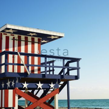 fototapet  strandhus rødt, hvidt og blåt fra ESTA home