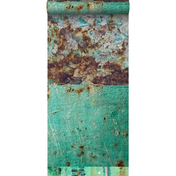 tapet XXL patchwork rustne metalplader havgrønt og brunt af ESTAhome