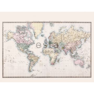 fototapet  vintage verdenskort beige, pastelgult, pudderrosa og grønt af ESTAhome