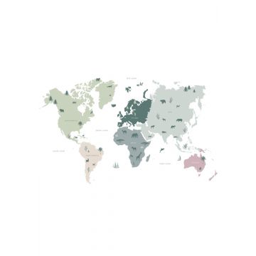 fototapet  verdenskort for børn mintgrønt, gråt og lyserødt af ESTAhome