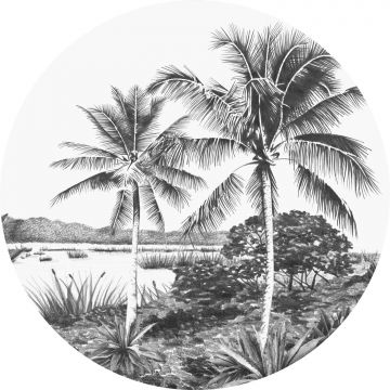 selvklæbende fototapet rundt tropisk landskab med palmetræer sort og hvidt af ESTAhome