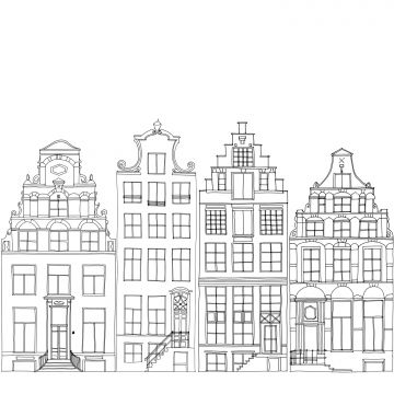 fototapet  tegnede kanalhuse i Amsterdam sort og hvidt af ESTAhome
