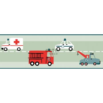 selvklæbende  tapetbort biler, brandbiler, helikoptere og kraner mintgrønt, rødt og hvidt af ESTAhome