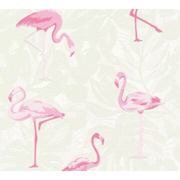 tapet tropiske blade med flamingoer sandfarvet og lyserødt af A.S. Création