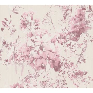 tapet blomstermønster lyserødt, syrenlilla, cremefarvet og hvidt af A.S. Création